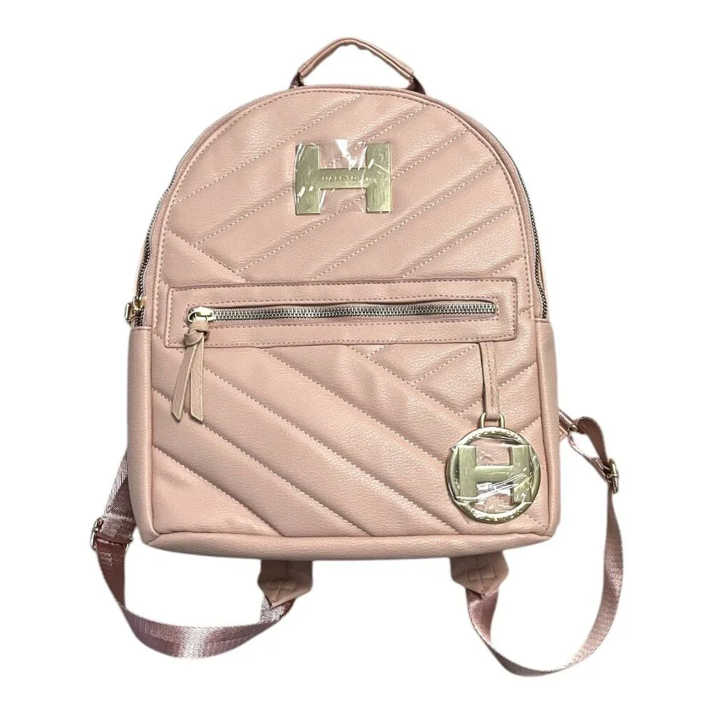 Halston Pink Quilted Faux Leather Backpack Bag – Gold Tone H Logo, NWT